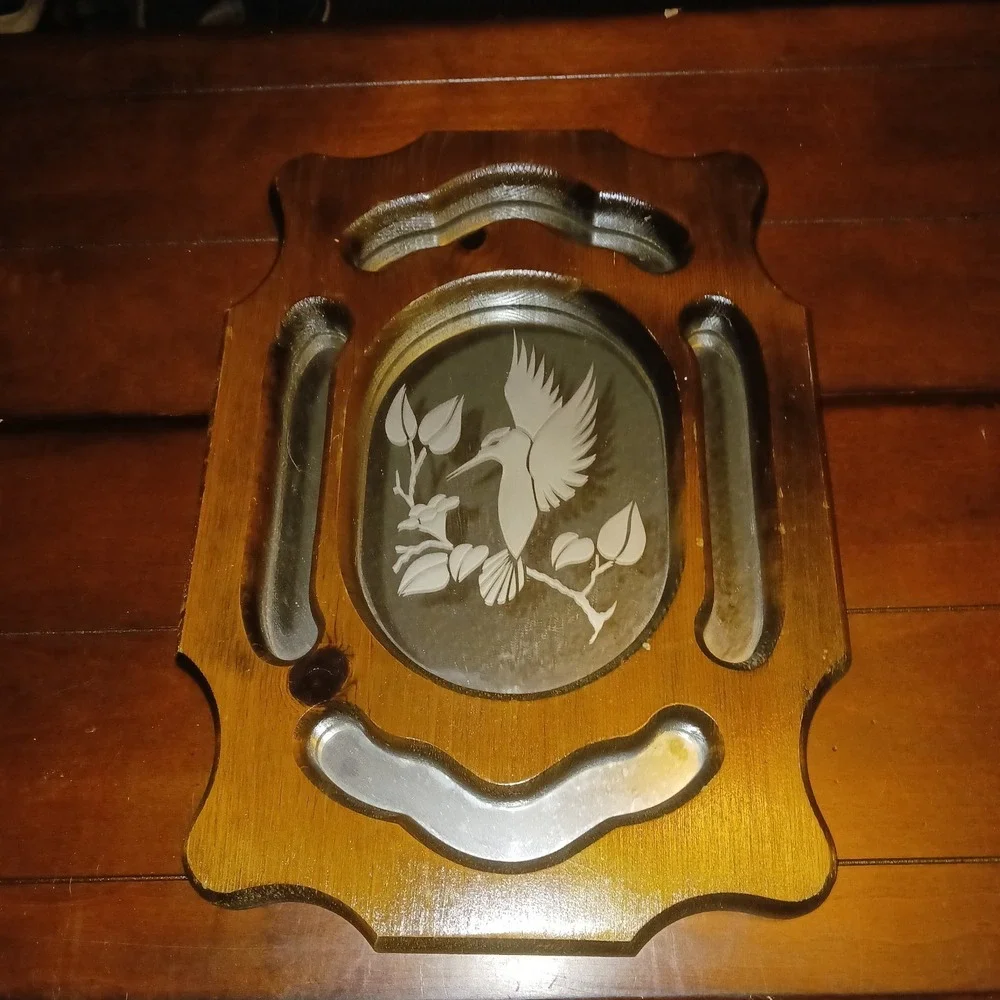 Vintage Wood mirror wall art acid etched w hummingbird & trumpet vine 15x11x1